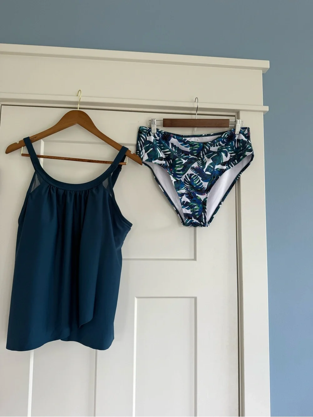 Teal Mesh High Neck Tankini & Palm Leaf High Waist Two Piece Swimsuit XL